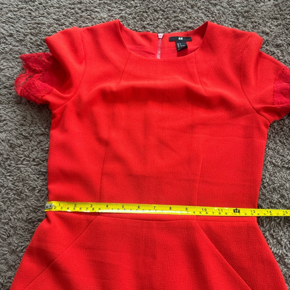 H&M Red Lace Trimmed Sheath Midi Dress Short Sleeve Size 4 - Picture 9 of 10